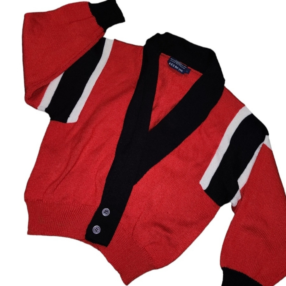 Women's Vintage 80s Cardigan Sweater Large Red Black White Colorblock Retro